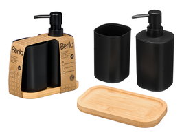 Berilo Set Dosificador con Vaso y Base, 16.5x18x9 cm, de Plástico PP y Bambú, Color Negro y Bambú (Set de 12)