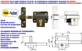 Yale AZBE 22-M HN 90 Cerrojo de sobreponer con monobloc y pasador europeo