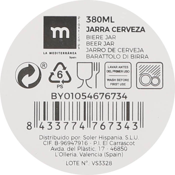 La Mediterranea Jarra de Cerveza de Vidrio 380 ml (24 Unidades)