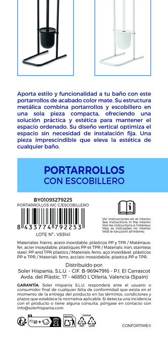 Inde Portarrollos WC con Escobillero Confortime, Organizador de Acero Inoxidable para Baño, 27 x 14.5 x 79.5 cm (6 Unidades)