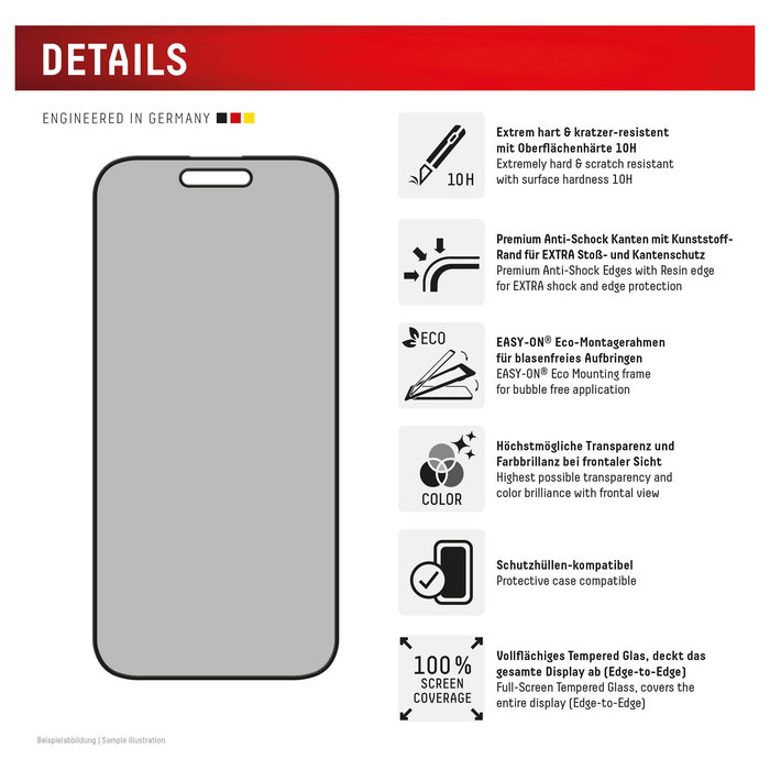Displex 02016 Protector de Pantalla de Privacidad de Vidrio Templado 10H para Apple iPhone 16, Filtro de Privacidad, Anti-Huellas, Aplicacion en Seco, 1 Pieza