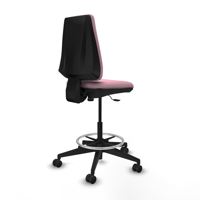Taburete Elche con mecanismo Contacto permanente básico tapizada con Tela color Rosa. Equipado con Base piramidal negra, Sin brazos y Ruedas 65mm nailon