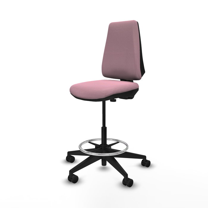 Taburete Elche con mecanismo Contacto permanente básico tapizada con Tela color Rosa. Equipado con Base piramidal negra, Sin brazos y Ruedas 65mm nailon