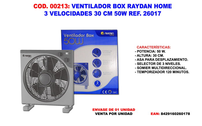Raydan Home Ventilador Box de 30 cm con 3 Velocidades Raydan Home Ventilador Box de 30 cm con 3 Velocidades