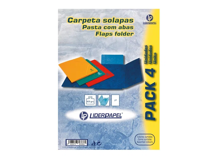 Liderpapel Carpeta Gomas Tres Solapas Cartón Simil Prespán Folio Pack 4 Unidades Colores Surtidos