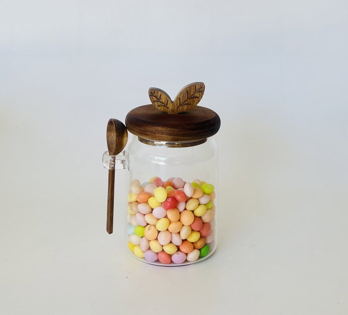 DKD Home Decor Bote de Cristal y Acacia de 600 ml con Cuchara