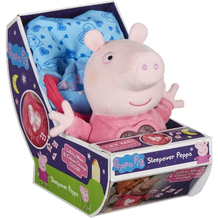 Bandai Peluche Peppa Pig Fiesta de Pijamas con Saco de Dormir, Luces y Sonidos