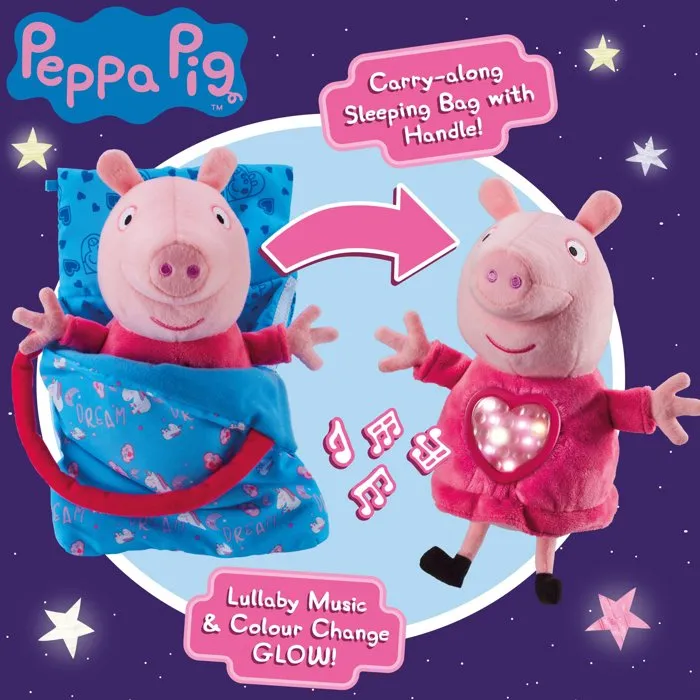 Bandai Peluche Peppa Pig Fiesta de Pijamas con Saco de Dormir, Luces y Sonidos