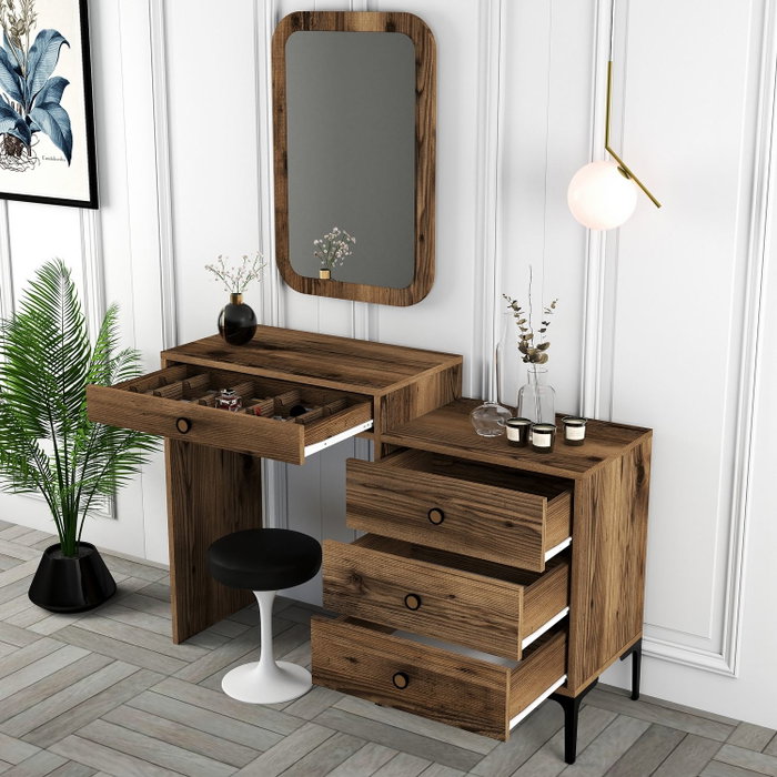 Hanah Home Lizbon 546 Cómoda Industrial Moderna Color Nogal con Espejo, Melamina, Patas Metálicas