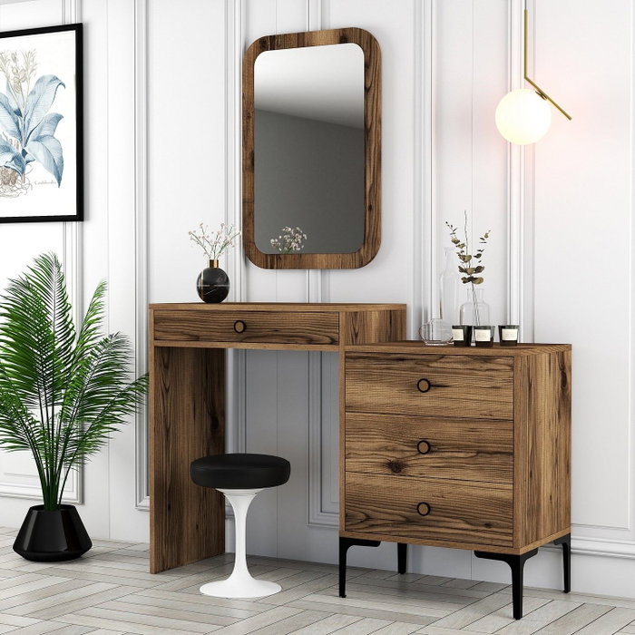 Hanah Home Lizbon 546 Cómoda Industrial Moderna Color Nogal con Espejo, Melamina, Patas Metálicas
