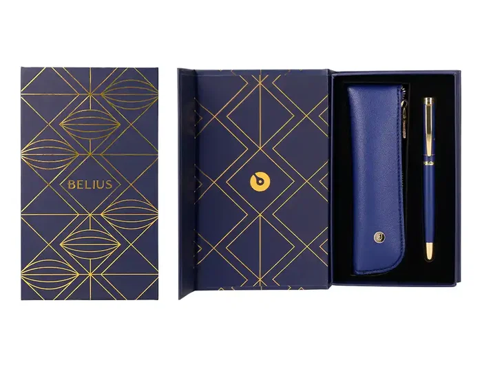 Belius Soiree Boligrafo y Estuche Color Azul Marino y Dorado Tinta Azul Punta 0,8 mm en Caja de Diseño Art Deco Elegante