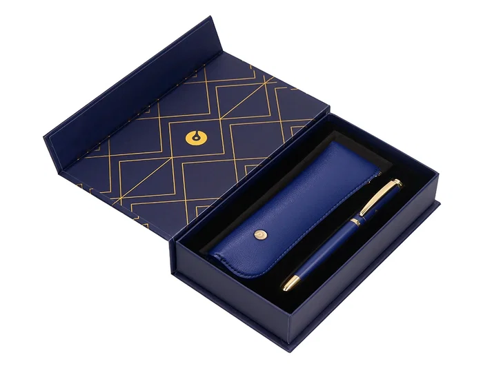 Belius Soiree Boligrafo y Estuche Color Azul Marino y Dorado Tinta Azul Punta 0,8 mm en Caja de Diseño Art Deco Elegante