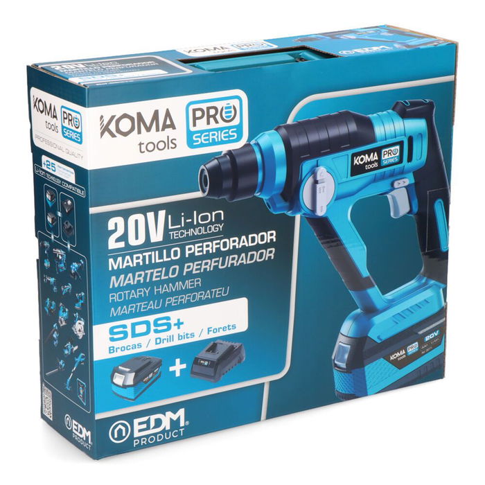 Koma Tools Kit Martillo Percutor 20V-MPC-K SDS Plus, 1.3J, 0-850 RPM, 0-5000 IPM, Capacidad Hormigón 13mm, Batería 4.0Ah, Cargador y Maletín