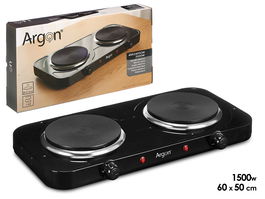 Argon Hornillo Eléctrico Doble 2000W Negro, Dimensiones 48x27x5 cm, Hierro, Cable 90 cm (Set de 4)