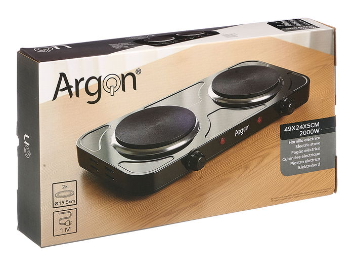 Argon Hornillo Eléctrico Doble 2000W Negro, Dimensiones 48x27x5 cm, Hierro, Cable 90 cm (Set de 4)