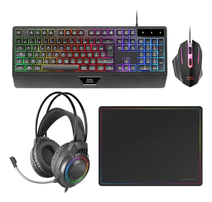 Mars Gaming Combo Gaming 4en1 MCP124PRO - Kit Teclado H-Mech RGB Español + Ratón Gaming 3200 DPI + Auriculares + Alfombrilla Nanotextil - Iluminación RGB, Compatible PC, PS5, Xbox