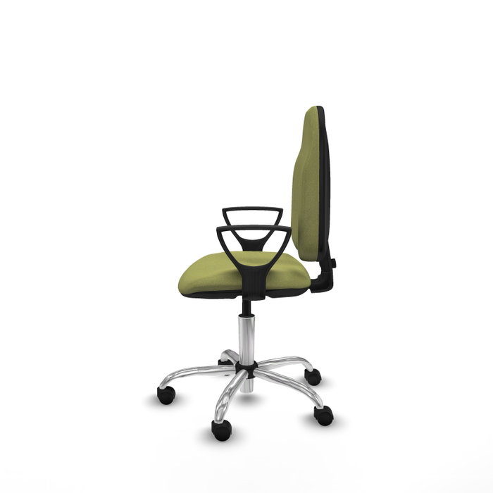 Silla de oficina Algarra con mecanismo Contacto permanente básico tapizada con Tela color Verde oliva. Equipada con Base cromada, Brazos fijos y Ruedas de nailon 50 mm