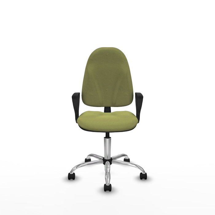 Silla de oficina Algarra con mecanismo Contacto permanente básico tapizada con Tela color Verde oliva. Equipada con Base cromada, Brazos fijos y Ruedas de nailon 50 mm
