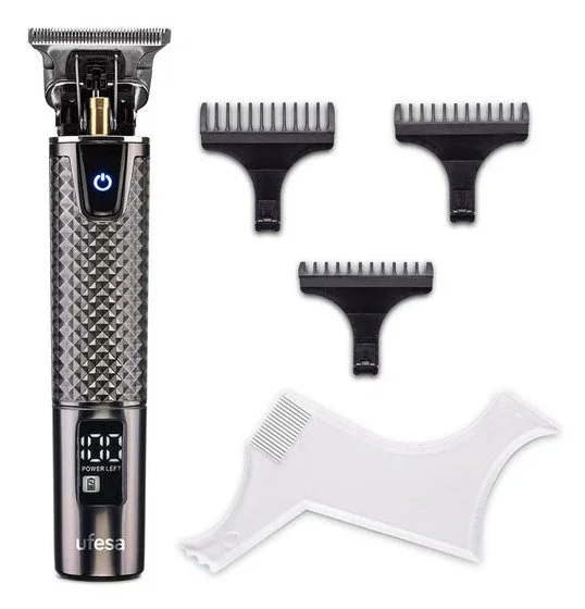Ufesa CP Razor Fade 60105931 Cortapelos Recargable, Cuchilla en Forma T de 40 mm, Incluye 3 Peines Fijos y Plantilla 8-en-1, Negro Metálico