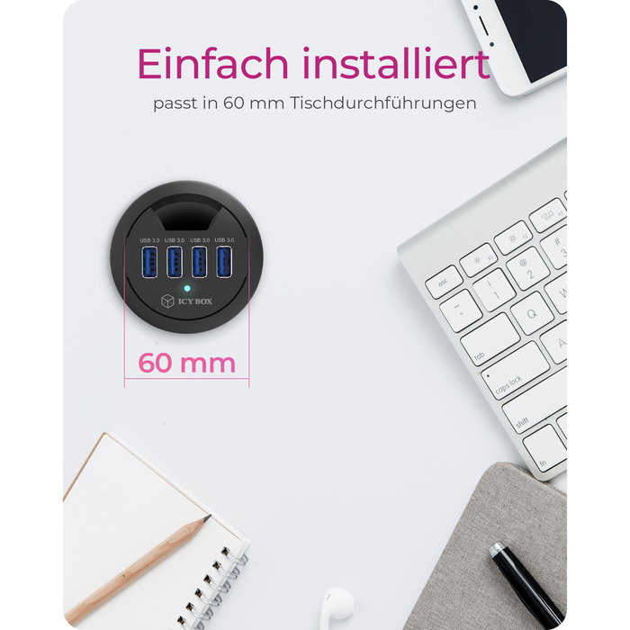ICY BOX IB-HUB1403 Hub USB 3.0 de sobremesa con 4 puertos Tipo A, 5 Gbps, Negro, 1.2 m cable