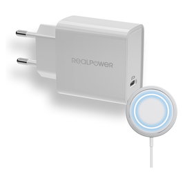 RealPower Cargador Inalámbrico C-MagSet 20W con Base de Carga, Blanco, 85 mm * 46.5 mm * 27.5 mm, Alimentación Corriente Alterna, Certificado CE, RoHS