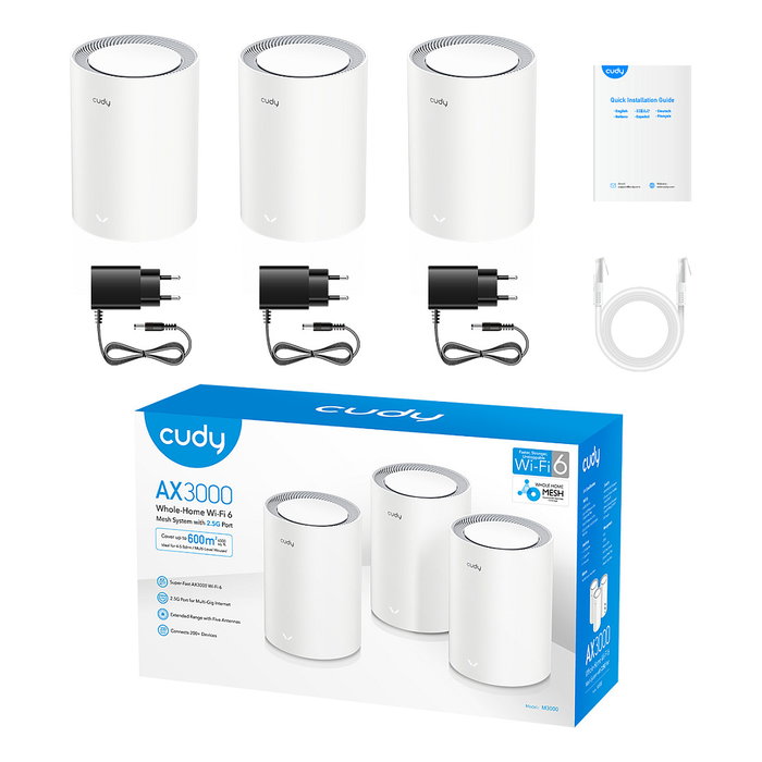 Cudy Sistema Mesh AX3000 Wi-Fi 6 Doble Banda 2.4Gbps 2.5G 3 Unidades Blanco Cobertura 200m²