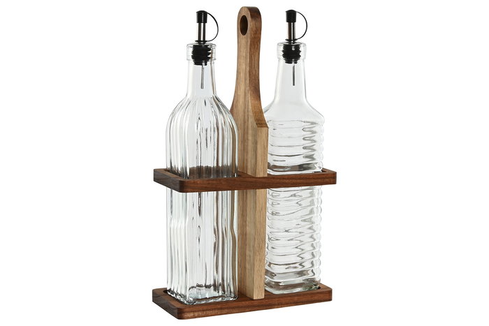 DKD Home Decor Aceitera 8 x 30.3 x 17.3 cm Set de 2 Piezas 500ml Acacia y Cristal Natural