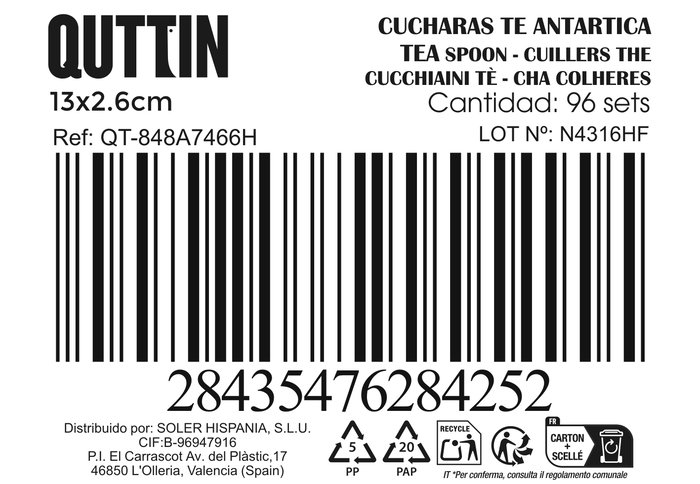 Inde Set 6 Cucharas de Té "Antartica" 1.5 mm Acero Inoxidable 13 cm (12 Cajas)