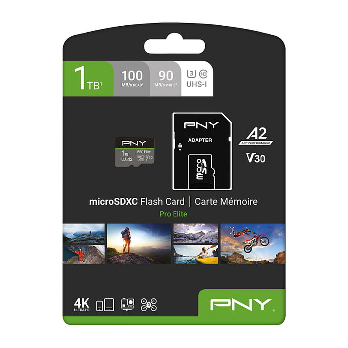 PNY Pro Elite MicroSDXC 1 TB Tarjeta de Memoria Clase 10 UHS-I U3 V30 A2 Velocidad Lectura 100 MB/s, Escritura 90 MB/s - Negro, Gris PNY Pro Elite MicroSDXC 1 TB Tarjeta de Memoria Clase 10 UHS-I U3 V30 A2 Velocidad Lectura 100 MB/s, Escritura 90 MB/s - Negro, Gris