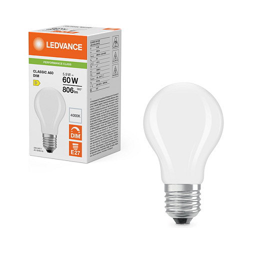 OSRAM LED Classic A 60 Filament DIM P 5.9W 840 Frosted Bombilla Regulable Blanco Frío E27 806lm