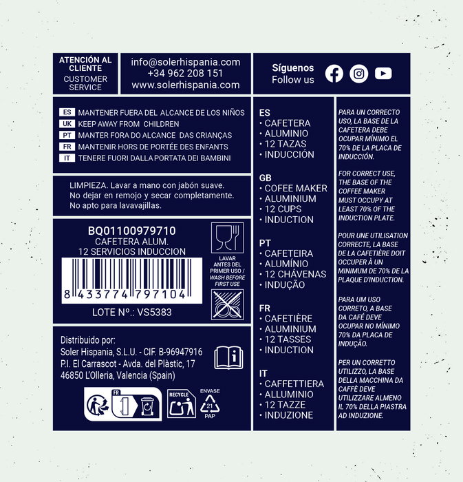 Inde Cafetera de Aluminio para 12 Servicios, 600 ml, para Placas de Inducción (6 Unidades)
