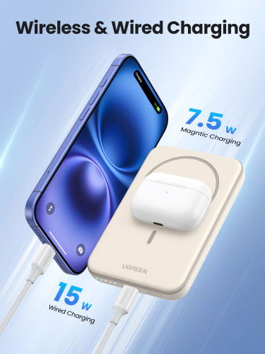 UGREEN 25207 Batería Externa 5000 mAh Cargador Inalámbrico Magnético PD15W USB-C Negro