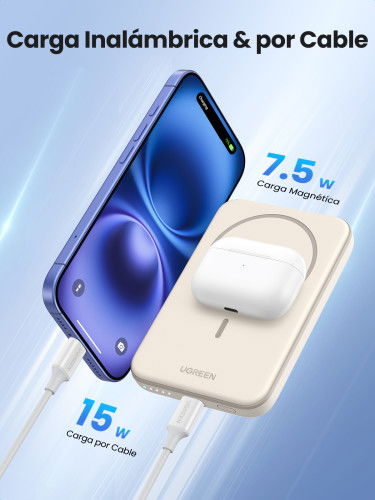 UGREEN 25207 Batería Externa 5000 mAh Cargador Inalámbrico Magnético PD15W USB-C Negro