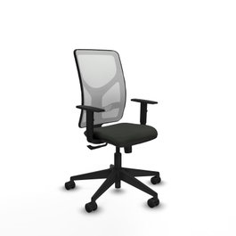 Silla de oficina Motilla con mecanismo Sincro tapizada con Tela color Negro y malla color Blanco. Equipada con lumbar 1D, Brazos 1D y Ruedas 65mm nailon