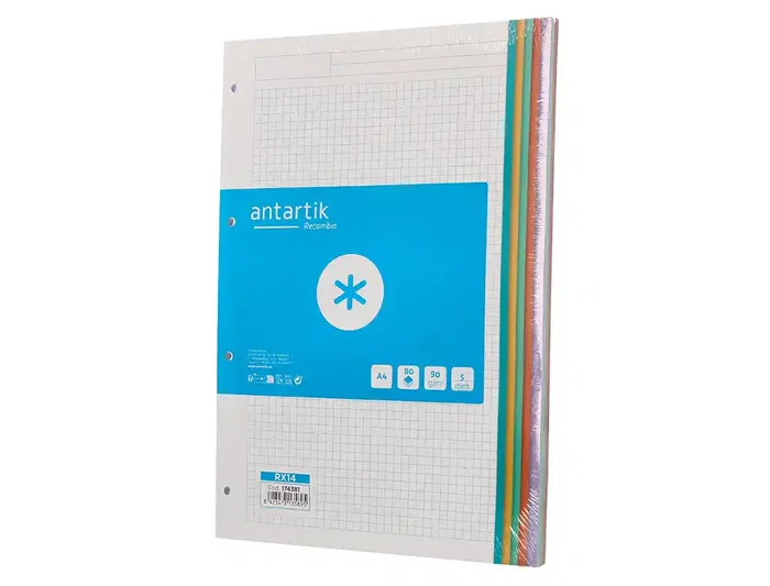 Antartik Recambio A4 80 Hojas Papel 90 g Cuadro 5 mm 4 Taladros con Bandas Laterales en 5 Colores Pasteles