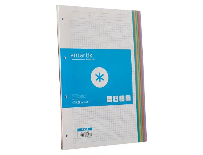 Antartik Recambio A4 80 Hojas Papel 90 g Cuadro 5 mm 4 Taladros con Bandas Laterales en 5 Colores Pasteles