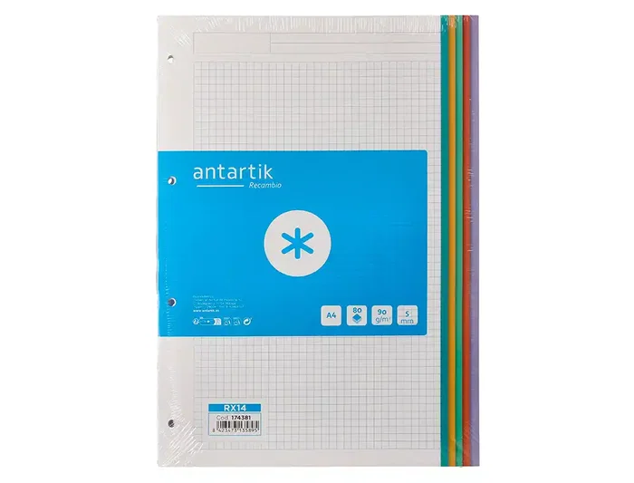 Antartik Recambio A4 80 Hojas Papel 90 g Cuadro 5 mm 4 Taladros con Bandas Laterales en 5 Colores Pasteles