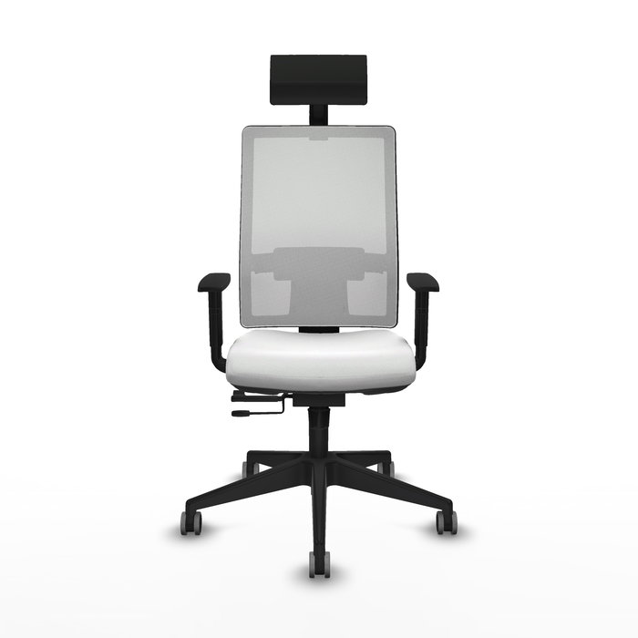 Silla de oficina Horna con mecanismo Sincro/Traslack tapizada con Tela color Blanco. Equipada con lumbar 1D, Brazos 1D, Cabecero Fijo y Ruedas 65 mm parqué