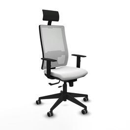 Silla de oficina Horna con mecanismo Sincro/Traslack tapizada con Tela color Blanco. Equipada con lumbar 1D, Brazos 1D, Cabecero Fijo y Ruedas 65 mm parqué