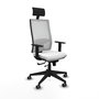 Silla de oficina Horna con mecanismo Sincro/Traslack tapizada con Tela color Blanco. Equipada con lumbar 1D, Brazos 1D, Cabecero Fijo y Ruedas 65 mm parqué