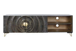 DKD Home Decor Mueble TV Colonial Negro Dorado Mango y Metal 160 x 40 x 50 cm