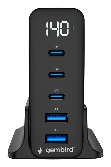 Gembird Cargador GaN de 140 W con 5 Puertos Negro