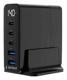Gembird Cargador GaN de 140 W con 5 Puertos Negro