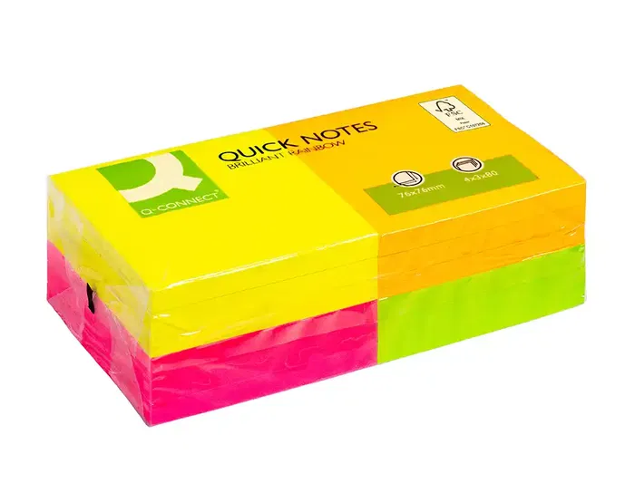 Q-connect Bloc de Notas Adhesivas Quita y Pon 76x76 mm con 80 Hojas Fluorescentes, Pack de 12 Surtidas en 4 Colores