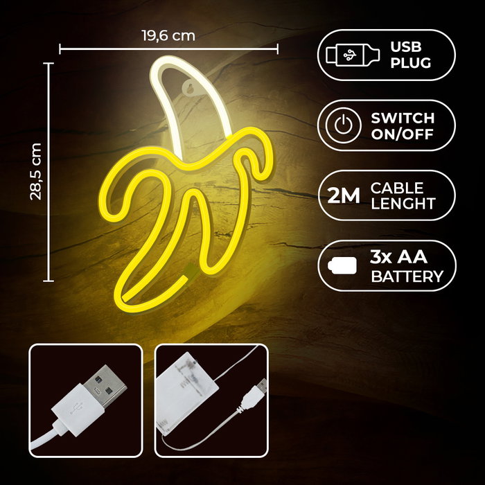 Forever Lámpara Neón LED Decorativa Banana, Iluminación Blanco/Amarillo, Funciona con Pilas AA o USB