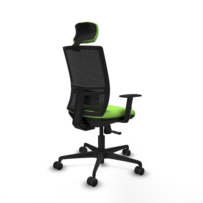 Silla de oficina Yunquera con mecanismo Sincro tapizada con Tela color Pistacho y malla color Negro. Equipada con lumbar 1D, Brazos 1D, Cabecero 1D y Ruedas 65mm nailon