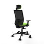 Silla de oficina Yunquera con mecanismo Sincro tapizada con Tela color Pistacho y malla color Negro. Equipada con lumbar 1D, Brazos 1D, Cabecero 1D y Ruedas 65mm nailon