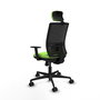 Silla de oficina Yunquera con mecanismo Sincro tapizada con Tela color Pistacho y malla color Negro. Equipada con lumbar 1D, Brazos 1D, Cabecero 1D y Ruedas 65mm nailon