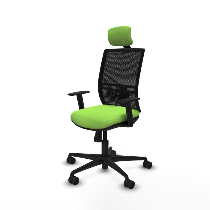 Silla de oficina Yunquera con mecanismo Sincro tapizada con Tela color Pistacho y malla color Negro. Equipada con lumbar 1D, Brazos 1D, Cabecero 1D y Ruedas 65mm nailon