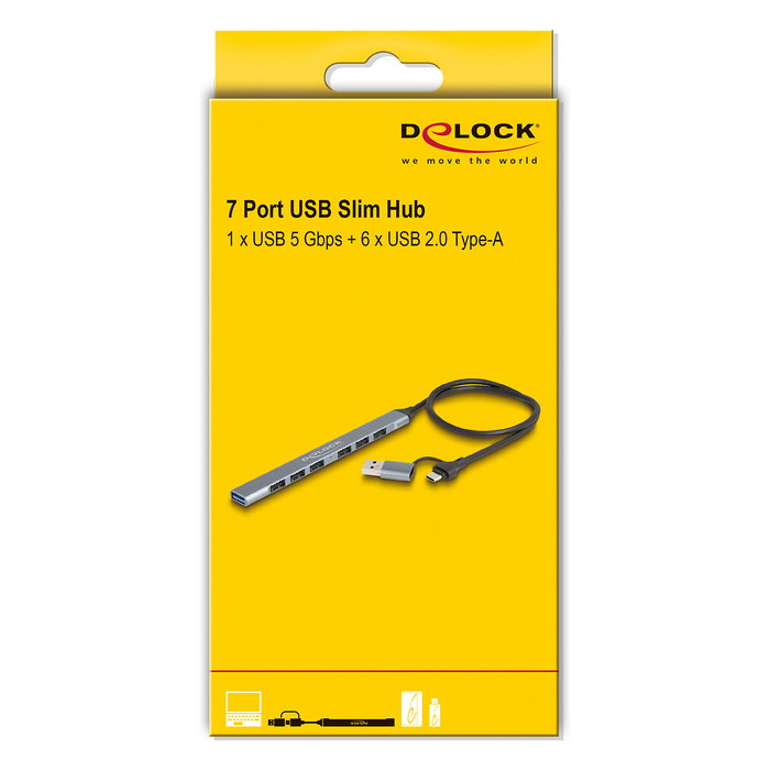 Delock 64273 Hub USB 3.2 Gen 1 de 7 Puertos (6x USB-A 2.0 + 1x USB-A 5Gbps) con Cable Tipo-C/Tipo-A de 0.5m, Plug & Play, Gris Metal